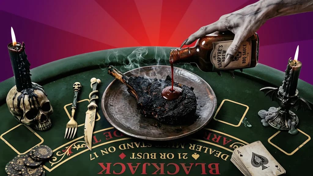 A monster’s hand pours Vampire’s Brew, suspiciously similar to ketchup, over a burnt steak. The steak plate is on a Gothic-inspired blackjack table with green felt and dripping skull candles. 