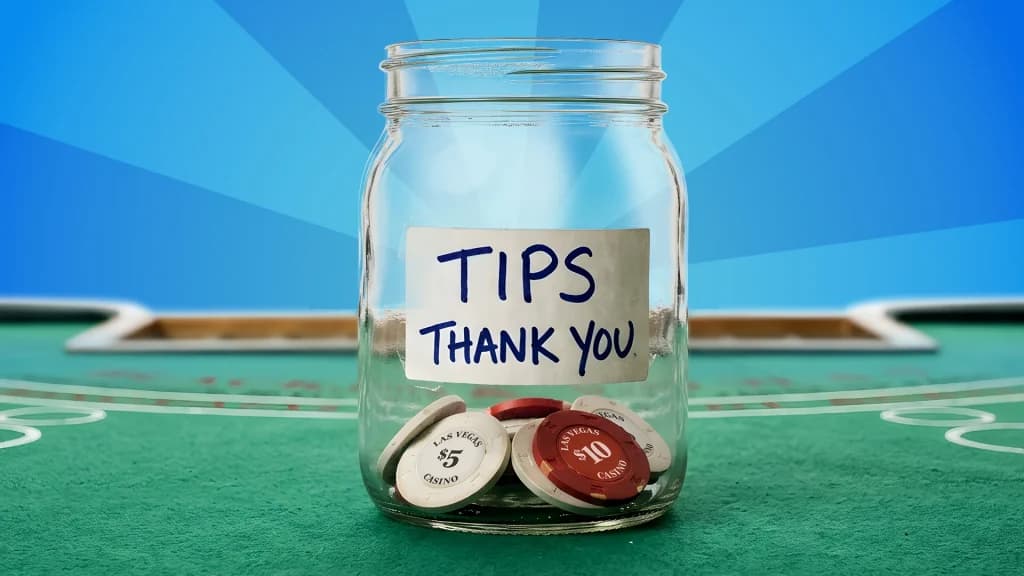 A tip jar says “Tips Thank You,” as it rests on the green felt of a casino game table, collecting tips for the dealer. 