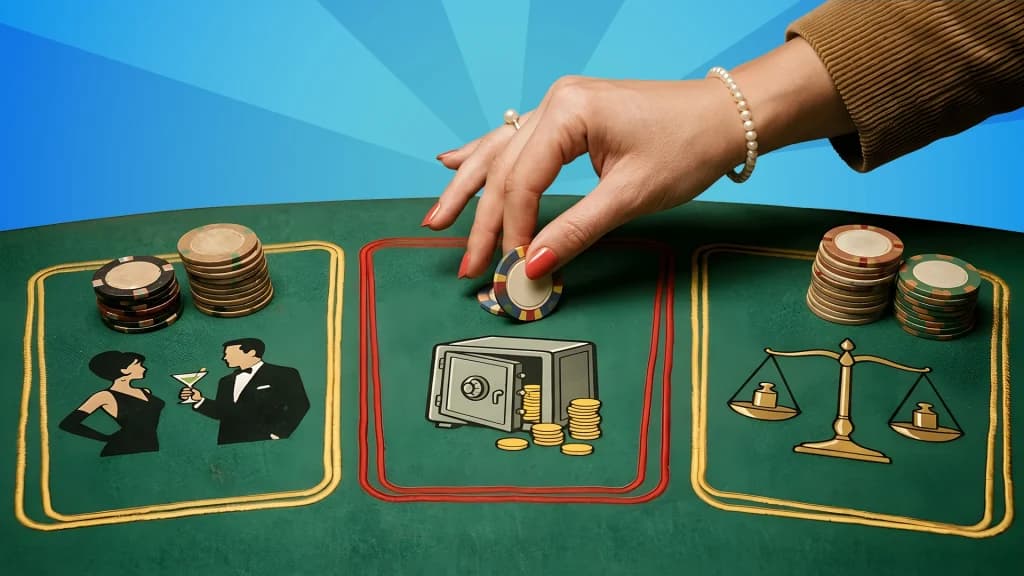 A hand with red nails places a betting chip on a vault, showing a baccarat bet on the banker. Beside that are the options for the player and a tie. 