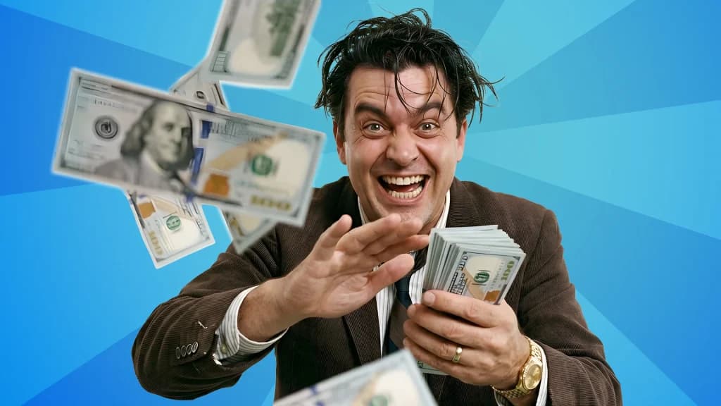 Frantically flinging hundred-dollar bills, a man in a brown suit appears crazed and delighted after winning at craps. 