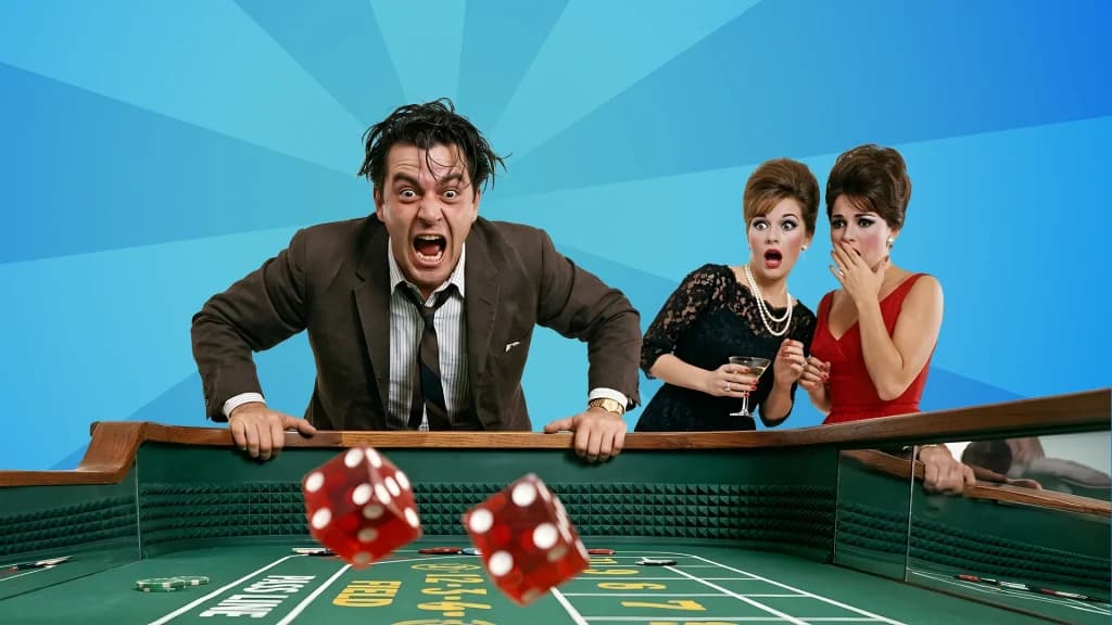 A man looks harried at the craps table, gripping the edge as two dice roll onto the table. Two ladies watch him in surprise, waiting to see how the dice will land.