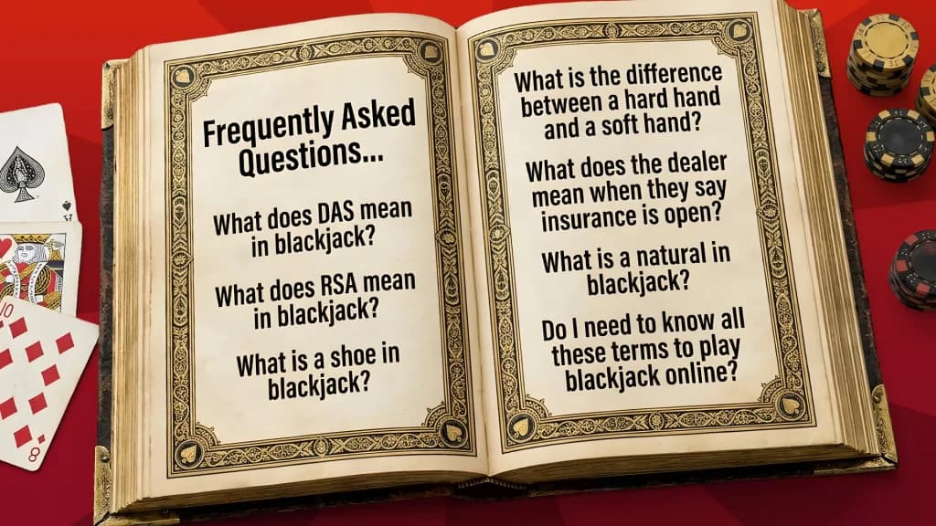 The open blackjack glossary shows a list of frequently asked questions about blackjack terminology. 