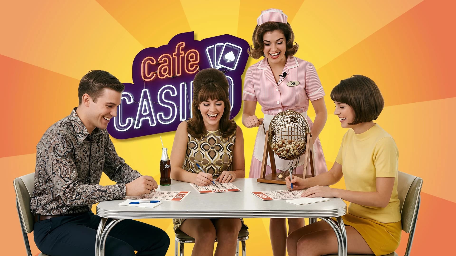 One gentleman and two ladies play a game of keno at a vintage diner table, while a waitress spins the ball cage.