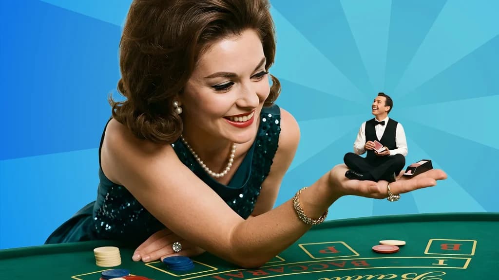 Leaning over the green felt of a baccarat table, a lady in a green sequined dress holds a mini baccarat player in the palm of her hand. 
