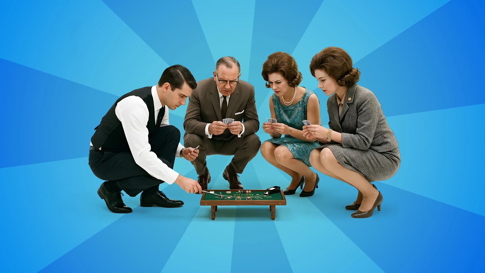 Four baccarat players crouch over a mini baccarat player on a bright blue background.