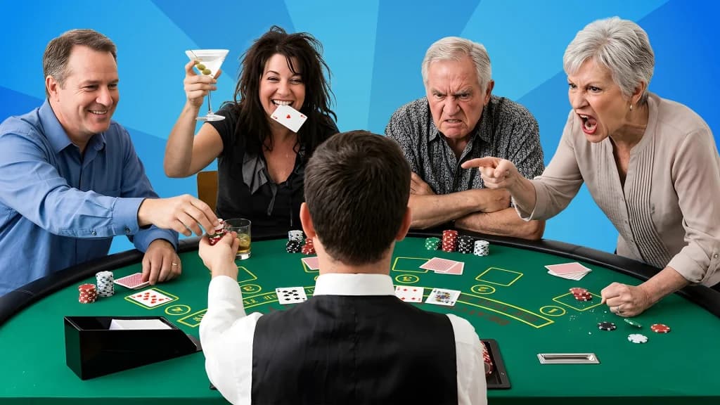 Four players sit at a blackjack table, ranging from happy to angry, as the casino dealer passes out chips. 
