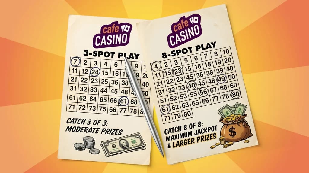 Two keno cards lie on an orange background, with various numbers circled. 