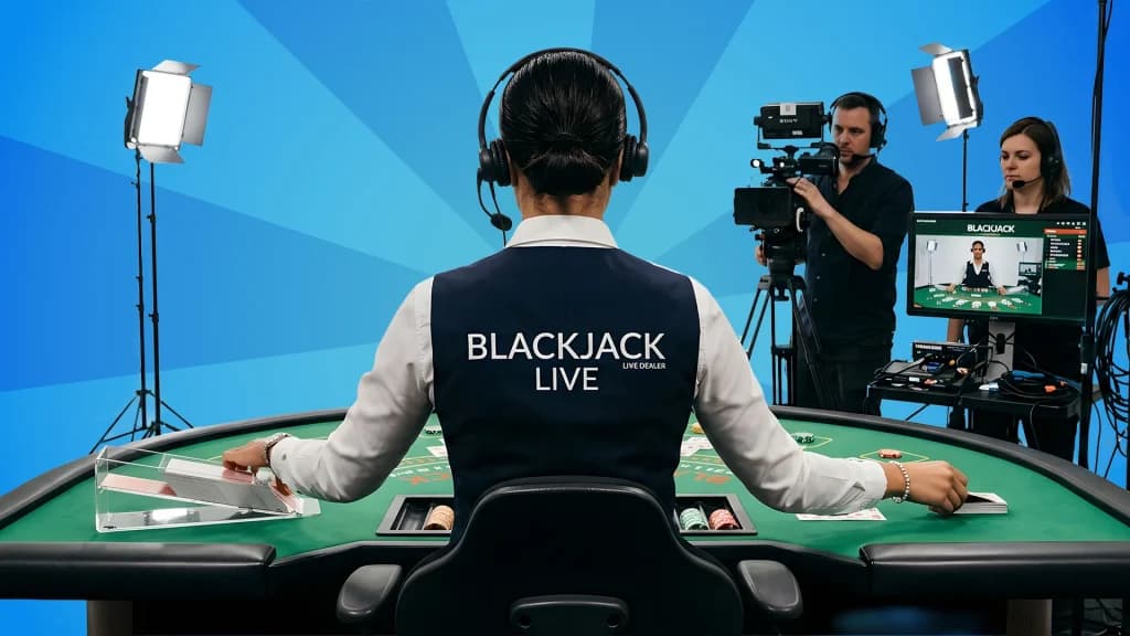 A live blackjack dealer is at work while a cameraman and producer watch over as she deals for players online. 