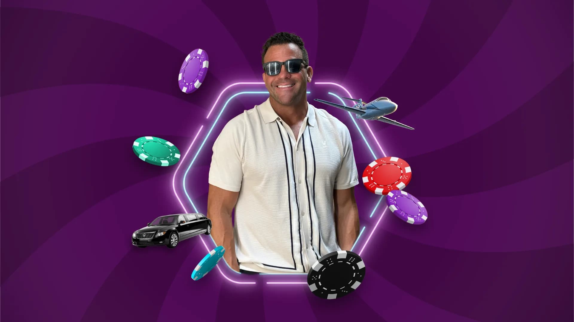 John Cerasani, high-stakes blackjack player and entrepreneur, surrounded by casino chips and luxury lifestyle elements