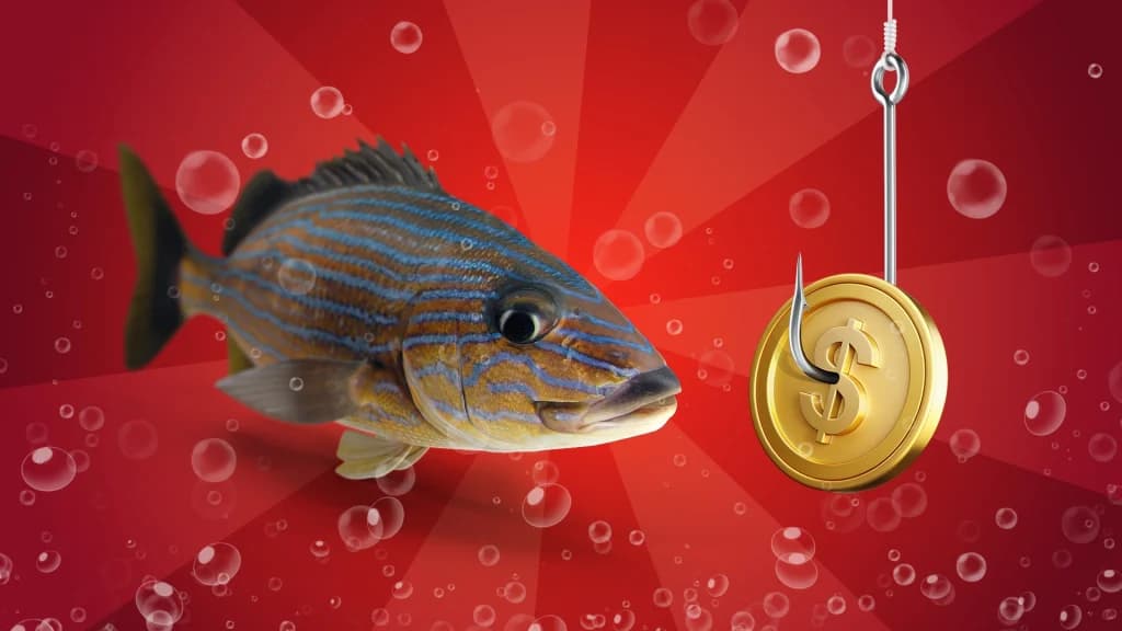There’s a fish swimming toward a gold coin on a hook. Bubbles surround them on a red background.