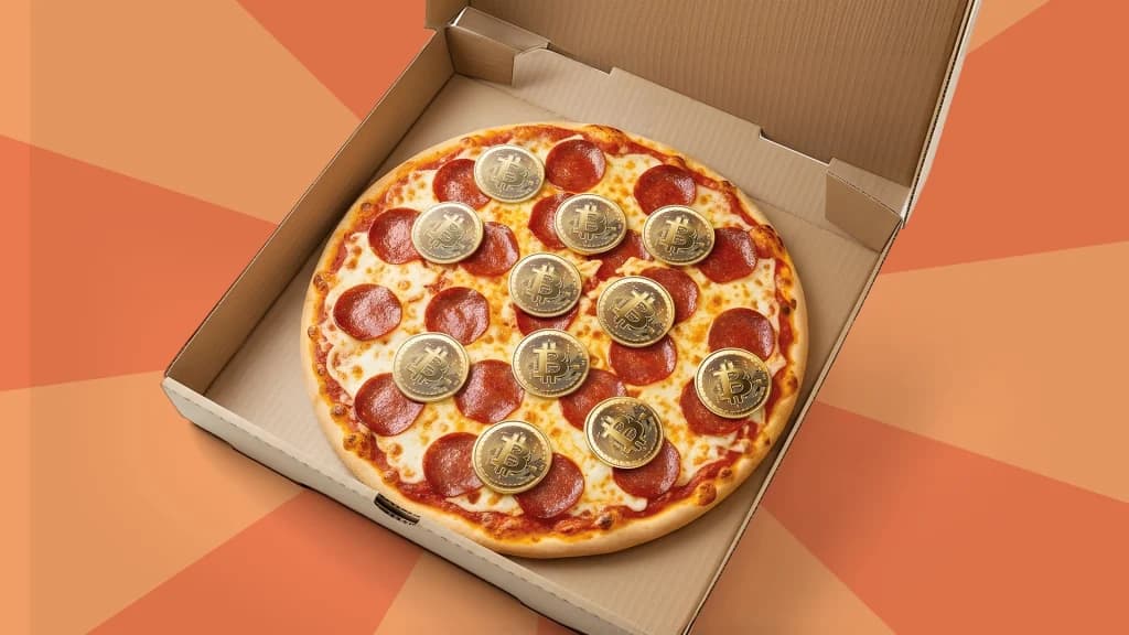a peperoni pizza with bitcoin coins on top