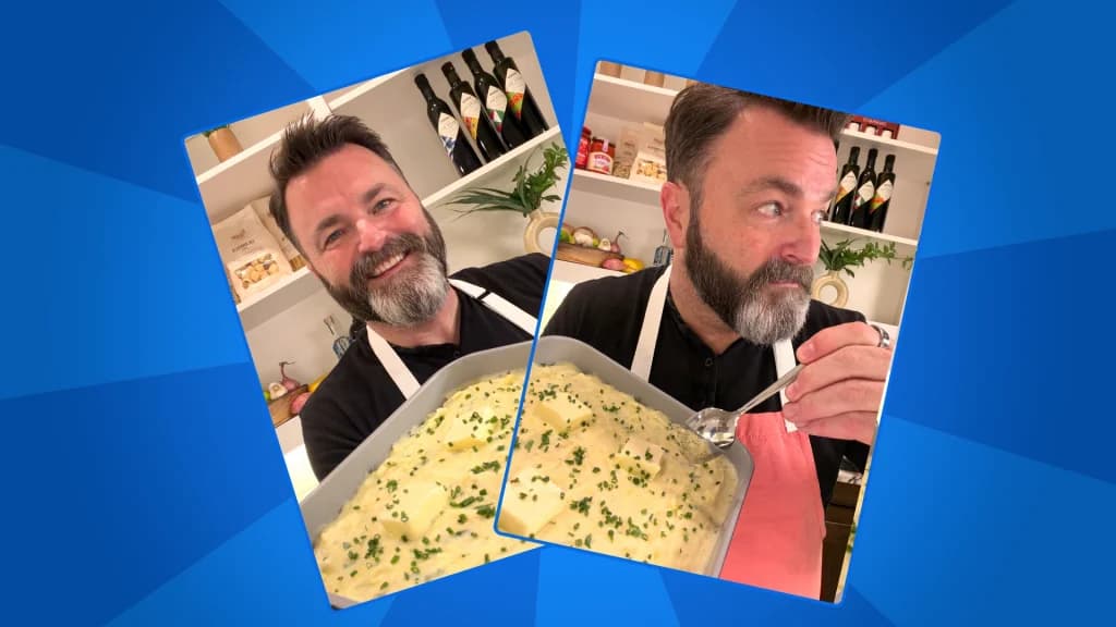 Two photos of eric james presenting his garlic herb mash potatoes
