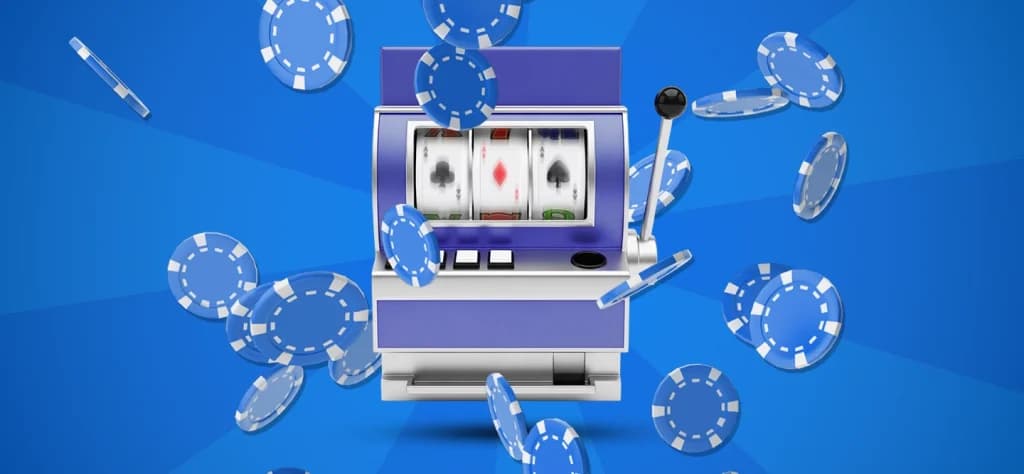 Purple slot machine on a blue background with blue poker chips falling around it.