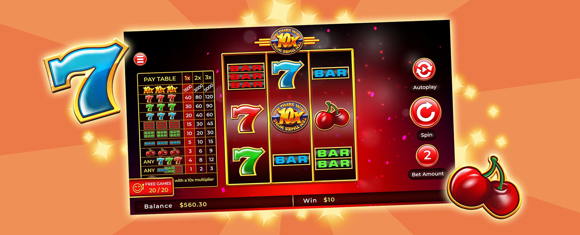 The game screen from the Cafe Casino slots game Ten Times Vegas is displayed on top of an orange background. To the right are red cherries, to the left a blue 7.