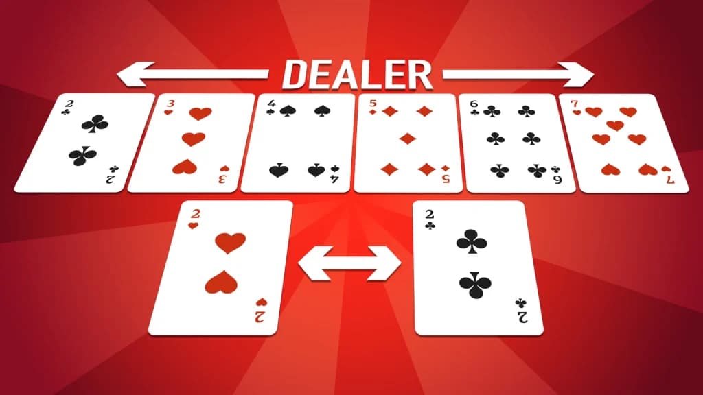Cards two through seven are lined up in a red image, with a white arrow that says, “Dealer.” Below them are two 2 playing cards with a double-sided white arrow between them.
