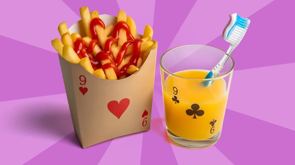 French fries with ketchup are on the left and orange juice with a toothbrush is on the right of a light purple image.