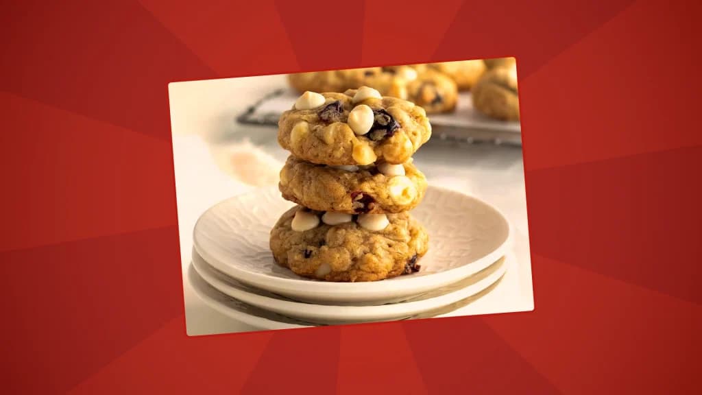 cranberry and white chocolate cookies are stacked on a plate on a red background