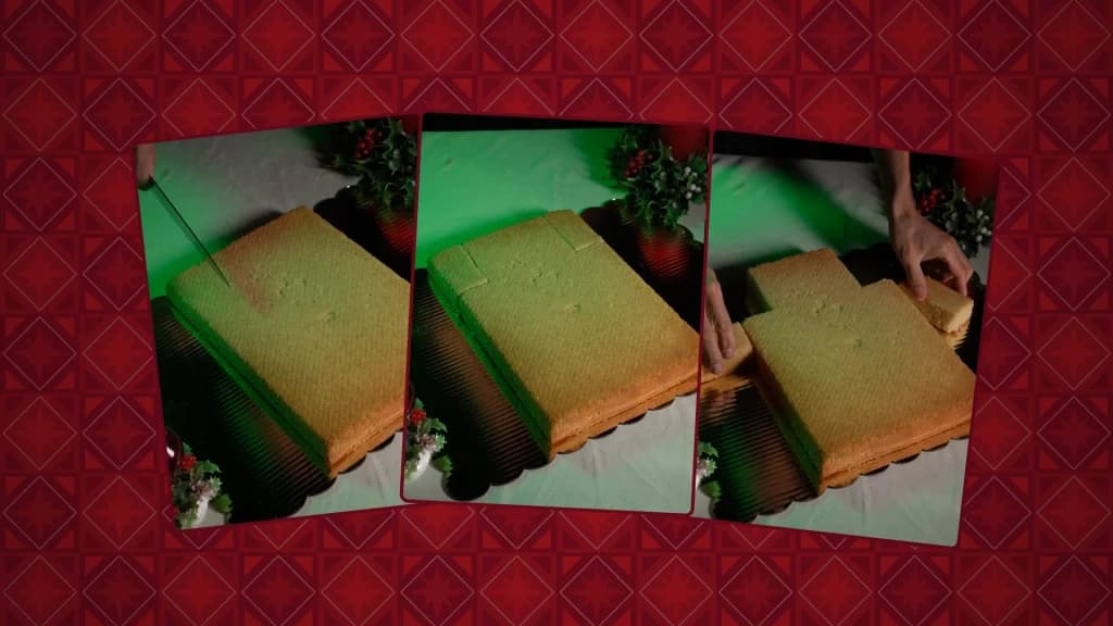 A step-by-step view of a sheet cake being cut and rearranged to form a snowman shape.