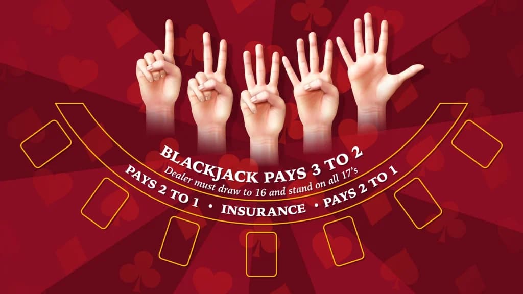 Five hands hold up fingers showing one through five, hovering above a blackjack table on a red background.