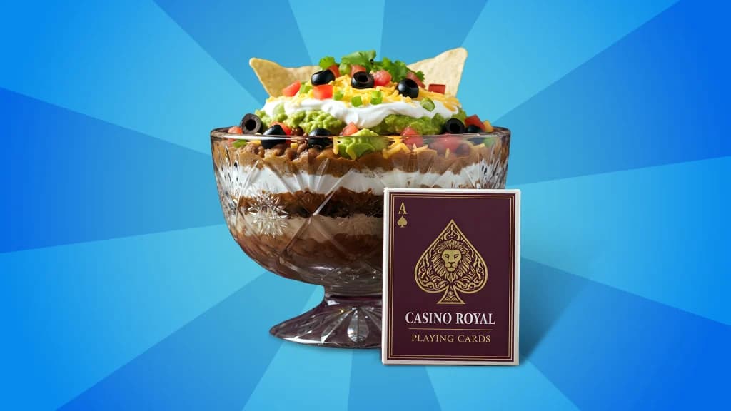 a trifle with nachos on top and a pack of playing cards with the words "casino royal"