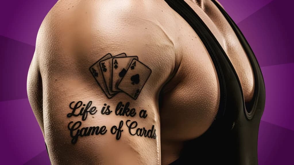 On a purple background, a black tattoo says “Life is like a game of cards” on the upper arm of a muscular man in a black tank top.