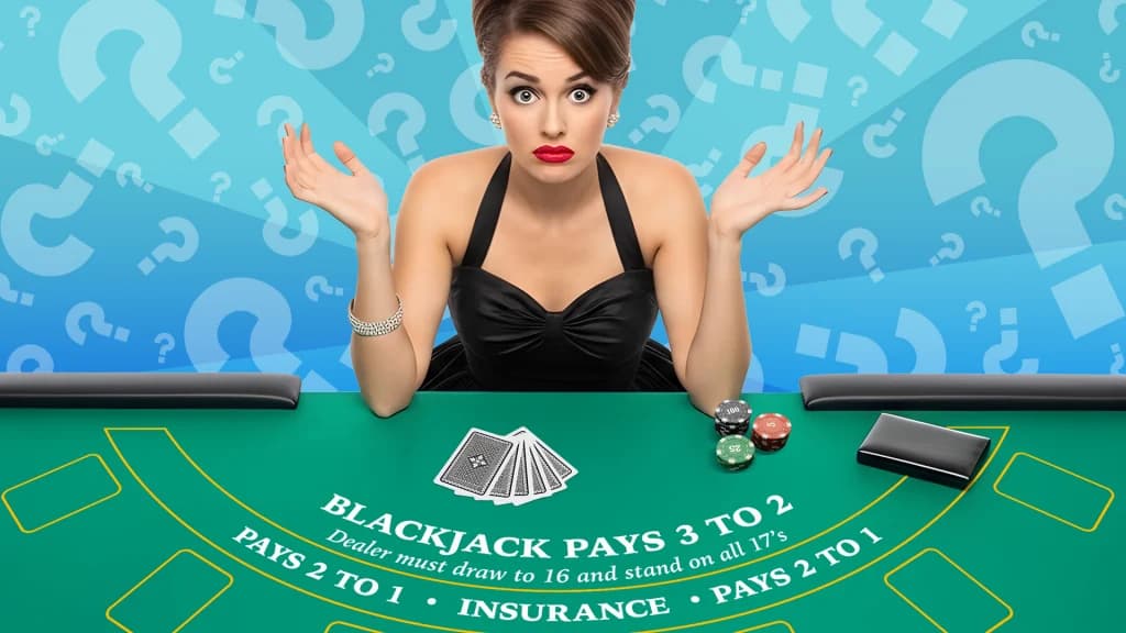 A lady throws up her hands in a way that implies she’s unsure while sitting at a blackjack table, with six playing cards and three stacks of chips before her. In the background, question marks hover around a light blue background.