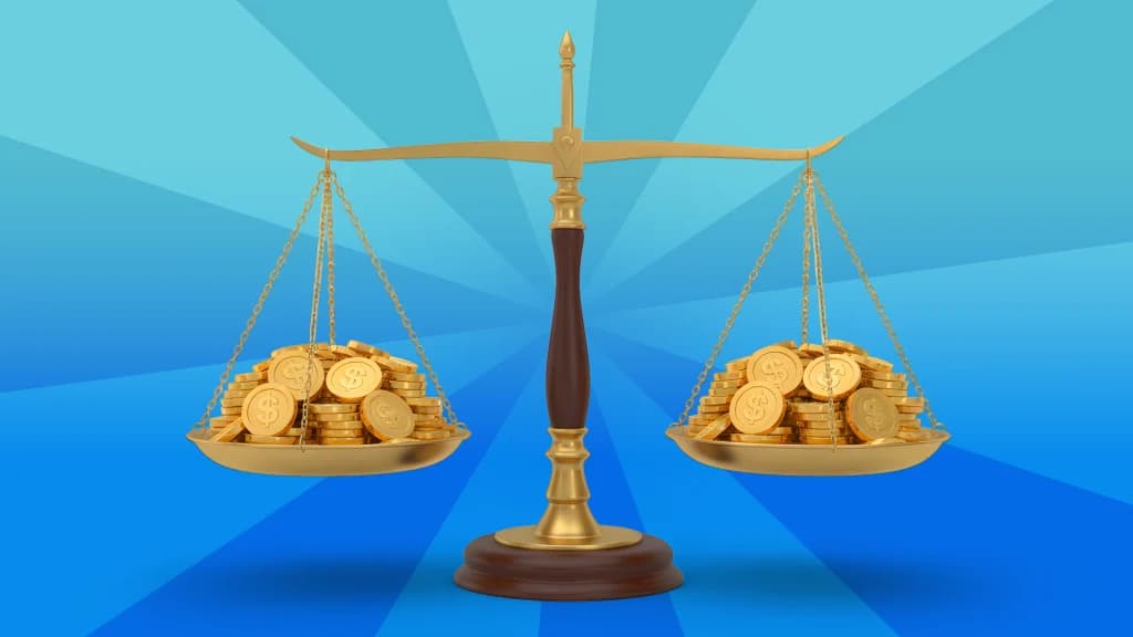 On a blue background, a scale with two equal piles of coins remains in balance.