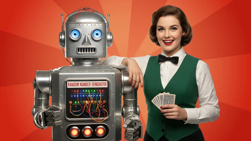 A blackjack dealer in a green vest rests her arm on a robot, and they’re both on a red-orange background.