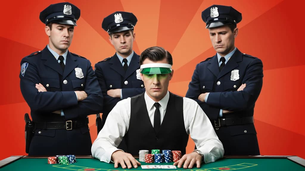 Three police officers monitor a blackjack dealer with a green visor who is about to deal cards.