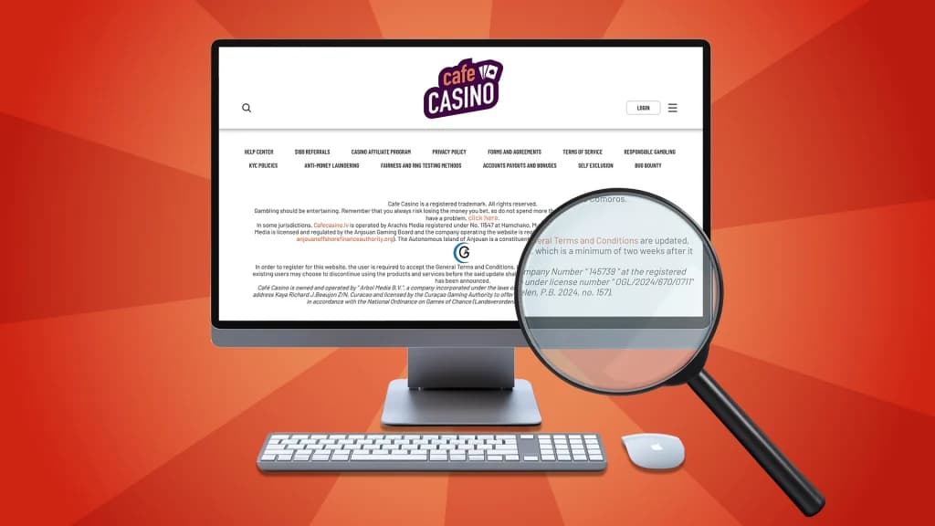 On a desktop screen, a magnifying glass highlights Cafe Casino’s license at the footer.