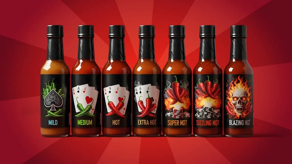 Seven hot sauces of varying heat are displayed on a dark red background, signaling the range of risky blackjack side bets.