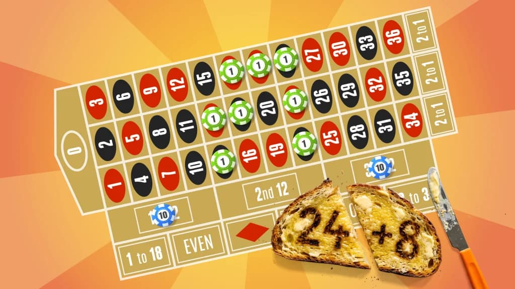 On the roulette betting table, we see an example of the 20+8 roulette system. At the bottom right, a piece of toast has “24+8” burnt into it, with a butter knife to the right.