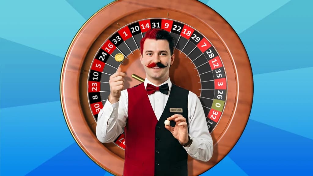 A man in a vest is divided by two colors: red on the left and black on the right. He stands in front of a European roulette wheel, demonstrating the differences between red and black bets.