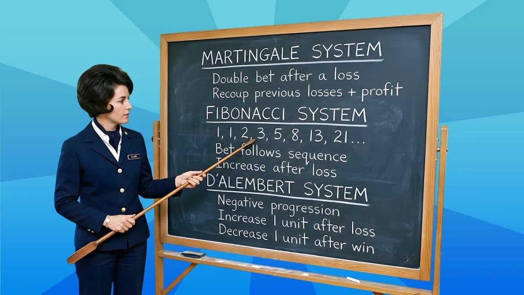 On a blackboard, we see the descriptions of the three primary roulette betting systems using red or black bets: the Martingale system, the Fibonacci system, and the D’Alembert system. A woman studiously points out these systems from the left of the blackboard.
