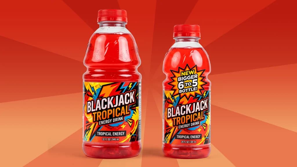 Two Gatorade bottles stand on a red background, labeled “Blackjack Tropical.” One is obviously bigger than the other, showing the larger 3:2 payout for a natural blackjack.