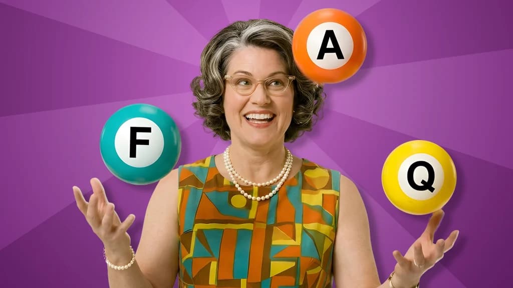 Bingo balls show F, A, and Q, as an older lady juggles the balls on a purple background and prepares to answer the FAQs about online casino bingo.