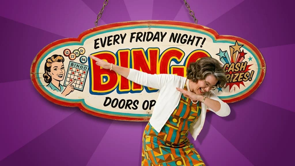 An older lady dabs in front of a vintage Bingo game sign on a purple background, preparing to show us how to play bingo online.
