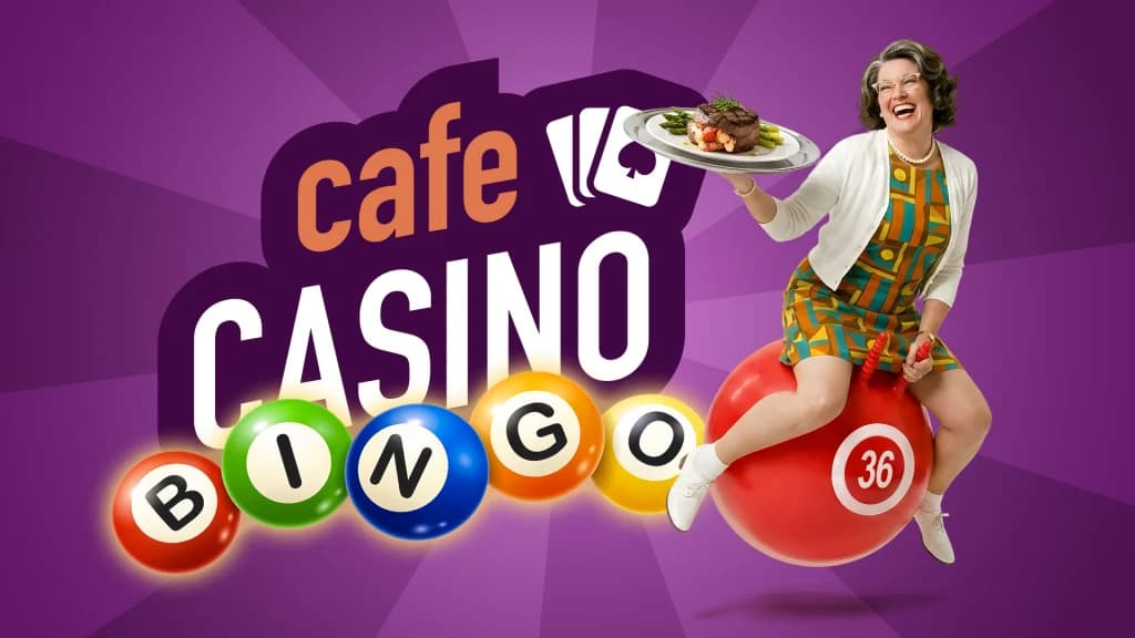 The Cafe Casino logo is shown on a purple image, with colored bingo balls spelling out “BINGO.” An older lady holds a filet mignon as she sits on a big red 36 bingo ball, referencing that it’s best to avoid anything complicated when you’re first getting started with bingo.
