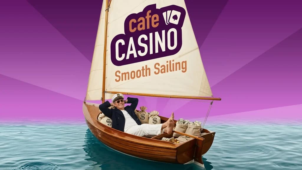 Kicked back in a sailboat called “Cafe Casino Smooth Sailing,” an older gentleman in a sailor’s hat sails away with bags of cash.