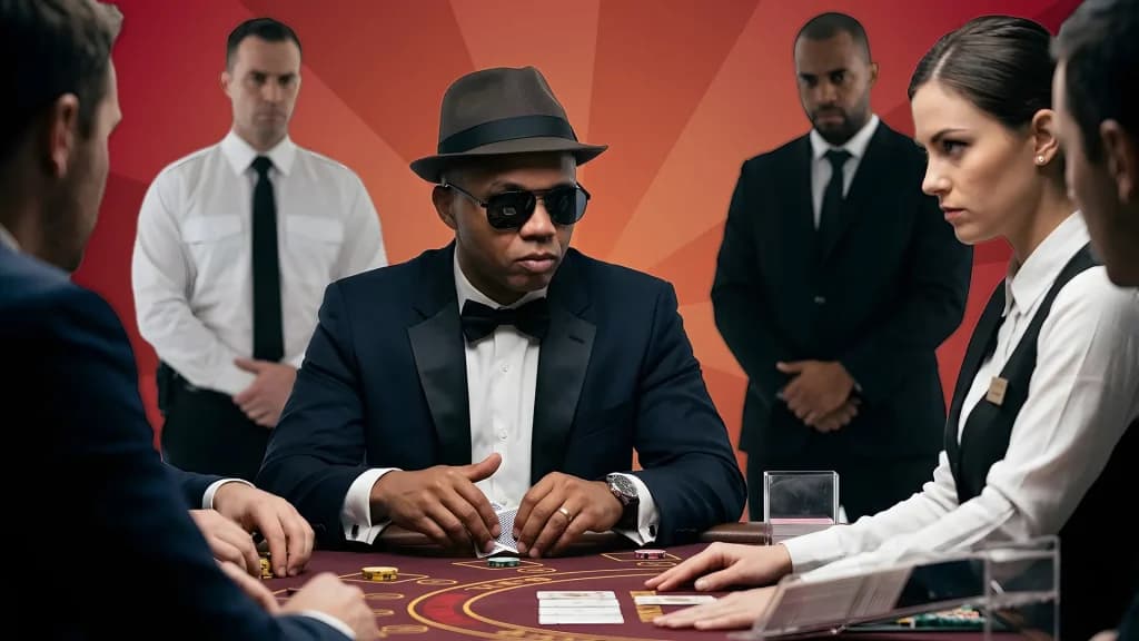 Famous poker and baccarat player, Phil Ivey, dons black shades and a black tophat at a baccarat table, while a dealer, players, and security guards look serious as he plays the game.