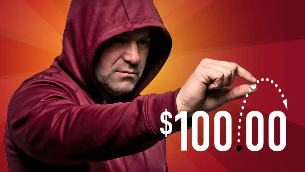 UFC’s Dana White wears a red hoodie and moves a decimal point on a white number of “$100,00.”