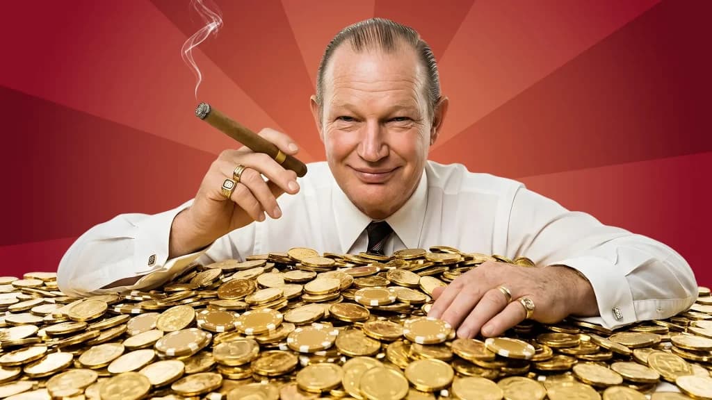 Australian billionaire and famous baccarat player Kerry Packer smokes a cigar atop a pile of gold coins on a reg background.
