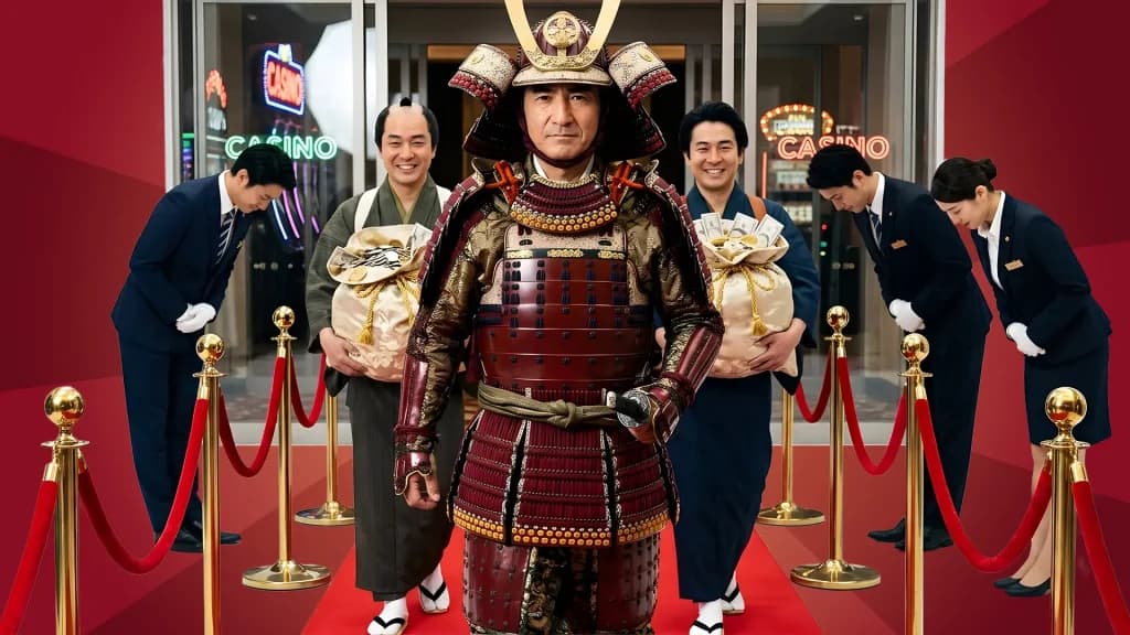 Akio Kashiwagi, known as “The Warrior,” wears ancient battle armor as he stands on a red carpet between red velvet ropes, two assistants following him with overflowing bags of money.