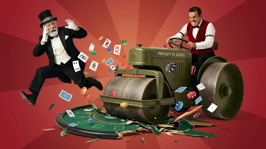 Cards fly in the air on a red background as a tractor bulldozes over a blackjack table, and the blackjack player runs away in fright.