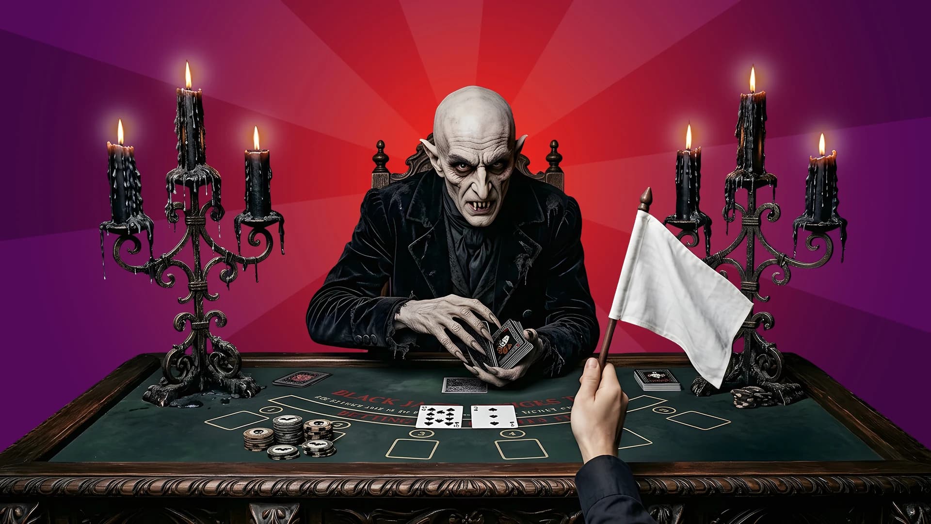A horror monster deals blackjack cards at a Gothic felt table. The player waves a white flag, signaling they want to surrender their hand.