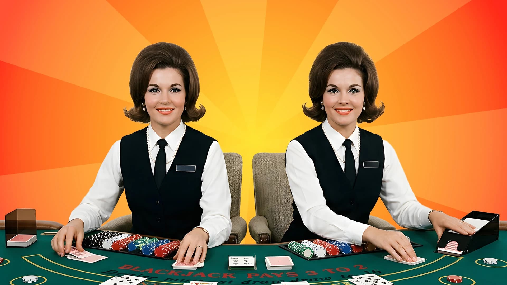 Two identical dealers sit side by side at a blackjack table, preparing to deal the cards.
