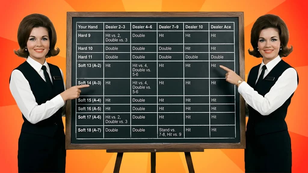 A blackboard shows the optimal strategy for doubling down in blackjack, according to the dealer’s upcard. Two identical ladies point to the chart on either side.