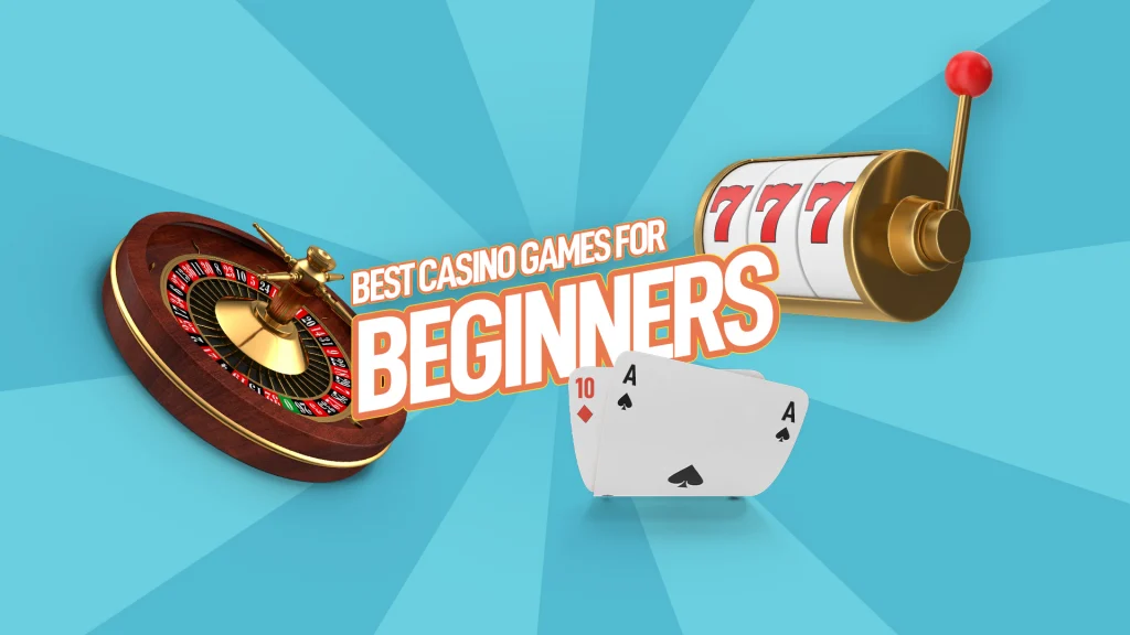 On a light blue image, the text “Best Casino Games For Beginners” is displayed in white block letters. Around it are images of a roulette wheel, a three-reel slot, and two playing cards.