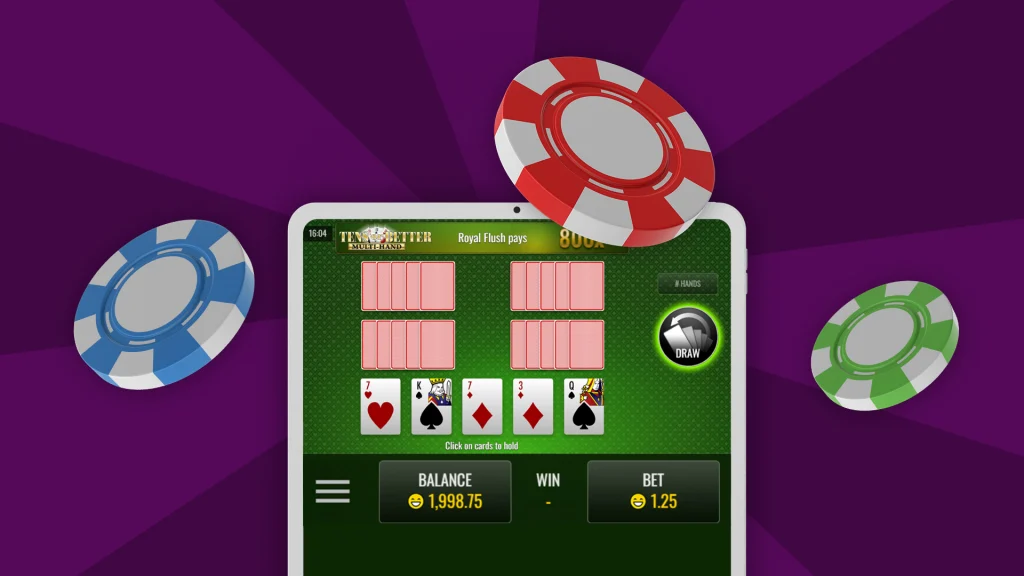 In a dark purple image, there are blue, red, and green betting chips floating above a video poker game in action, played on mobile.