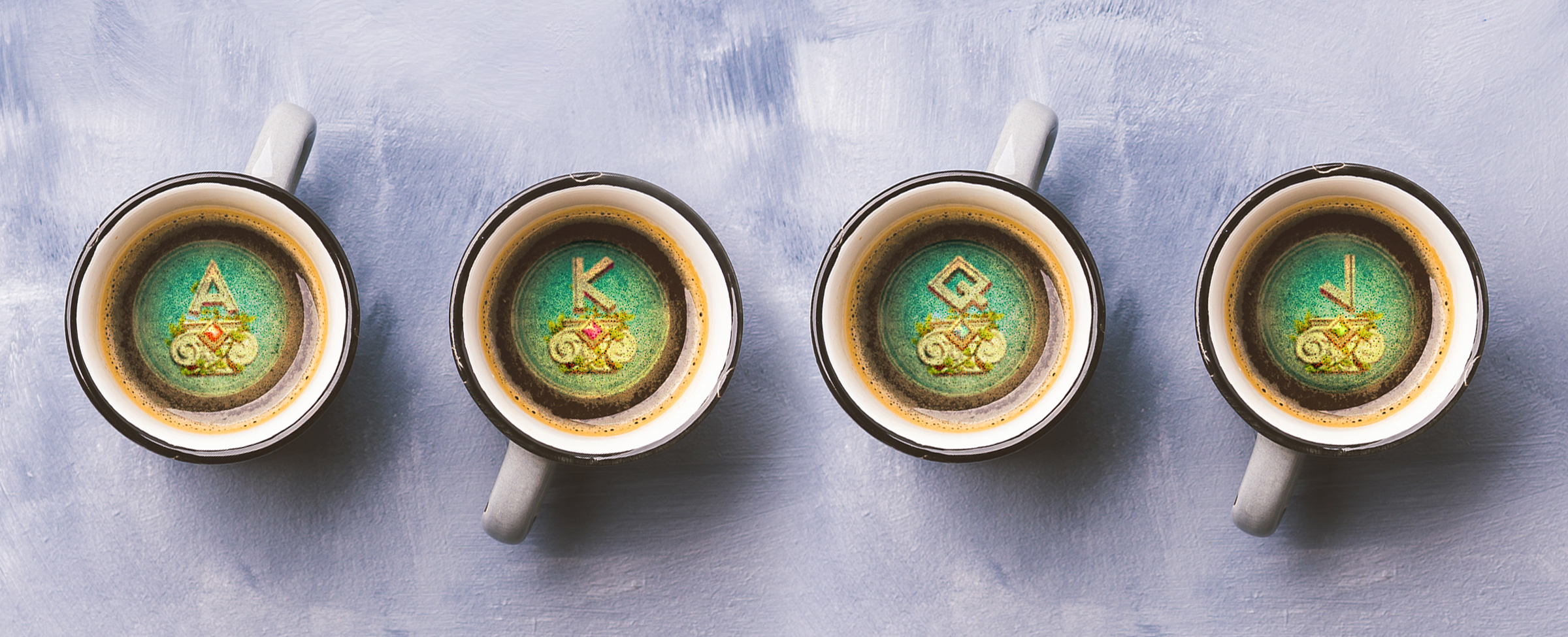 Four coffee mugs sit atop an off-white table surface, each filled with coffee, and each with green sprinkles revealing the slots symbols A, K, Q and V, respectively.